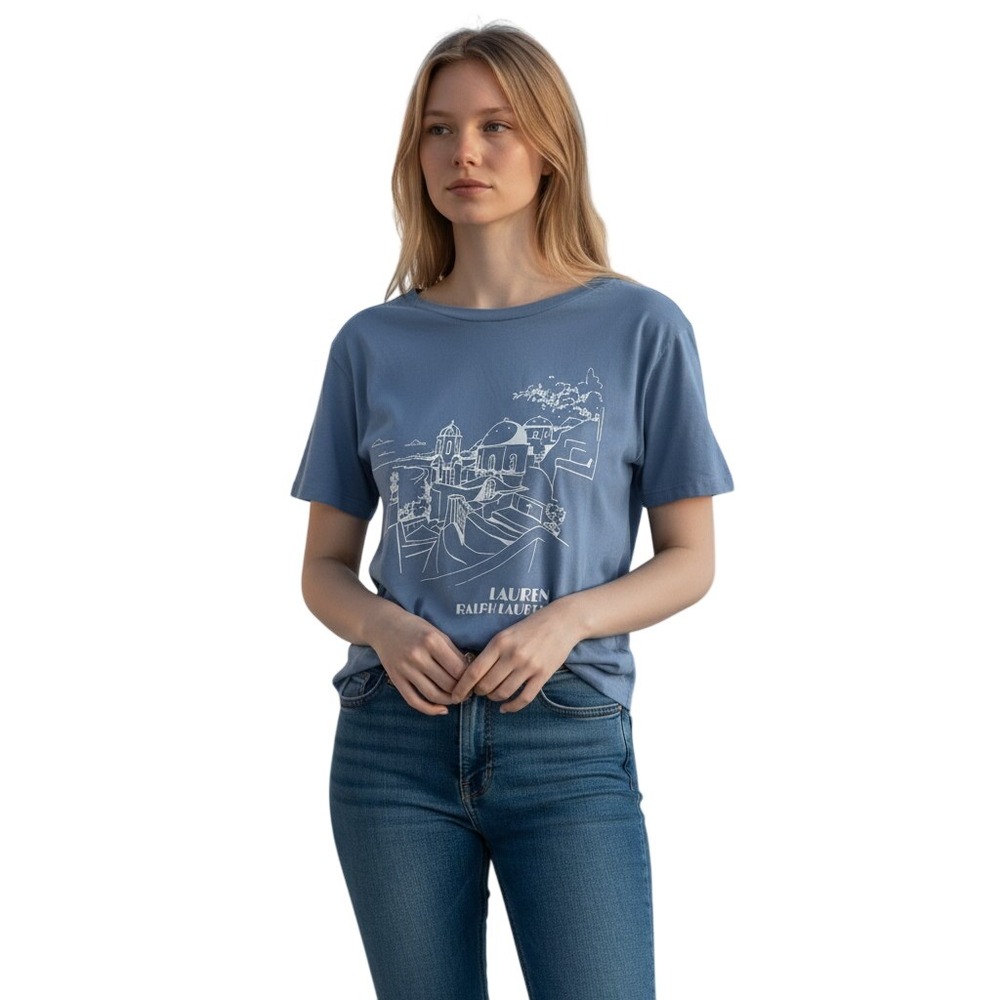 Lauren Ralph Lauren Womens Blue Mediterranean Graphic T-Shirt Short Sleeve M